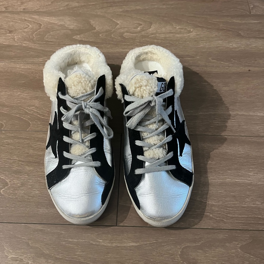 Golden Goose Cream and Black Shearling Sneakers
